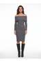 Gray Melange Ribbed Acrylic Fabric Madonna Collar Long Sleeve Slim Fit Knitted Sweater Dress - 2