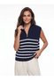 Navy Blue White Thessaloniki Knitwear Half-Zip Stand Collar Striped Patterned Standard Fit Sweater