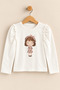 Girl's Printed Combed Cotton Long Sleeve Tshirt Beige
