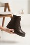 Women's Short Heeled Lace-Up Detailed Boots with Zipper, Comfortable Sole, Stylish Daily Winter Ankle Boots - 3