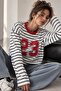 23 Printed Striped Oversize Modal Long Sleeve Blouse - White Fw3424