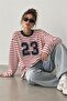 23 Printed Striped Oversize Modal Long Sleeve Blouse - Red Fw3424 - 5