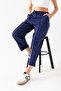 Women's Navy Blue Balloon Fit High Waist Trendy Casual Ribbed Front Modal Fabric Trousers with Pockets - 4