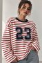 23 Printed Striped Oversize Modal Long Sleeve Blouse - Red Fw3424 - 2