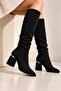 Women's Black Suede Below-Knee Boots, 7 cm Thick Heeled, Drawstring Detailed, Stylish Daily Boots - 5