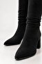 Women's Black Suede Below-Knee Boots, 7 cm Thick Heeled, Drawstring Detailed, Stylish Daily Boots - 3