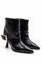 Janet Women's Black Leather Gold Buckle Pointed Toe Goblet Heeled Ankle Length Short Boots - 5