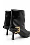 Janet Women's Black Leather Gold Buckle Pointed Toe Goblet Heeled Ankle Length Short Boots - 6