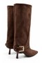 Emay Women's Suede Brown Gold Buckle Bellows Pointed Toe Thin Heel Below the Knee Slouchy Boots 6.5 cm Heel - 3