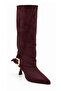 Emay Women's Burgundy Suede Gold Buckle Bellows Pointed Toe Thin Heeled Below the Knee Slouchy Boots - 4