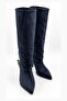 Emay Women's Suede Navy Blue Gold Buckle Bellows Pointed Toe Thin Heeled Below the Knee Slouchy Boots - 4