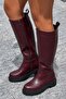 Raccoon Women's Burgundy Leather Thick-Toothed Sole Side Zipper Below the Knee Riding Boots - 5