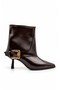 Janet Women's Brown Leather Gold Buckle Pointed Toe Goblet Heeled Ankle Length Short Boots