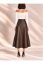 A-Cut Belted Brown Leather Midi Skirt - 3