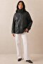 Women's Brsk Long Oversize Zippered Black Leather Jacket with Flap Pockets