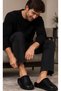 Men's House Slippers Black Leather Fur Lined Plush Warm Sole Winter Comfortable Slippers Dowry Slippers - 3