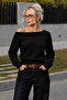Women's Black Boat Neck Soft Textured Knitwear Sweater