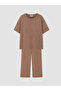 Ozmarka New Season Brown Crew Neck Patterned Women's Capri Pajama Set - 5