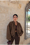 Women's Zippered High Collar Pleated Balloon Sleeve Premium Suede Fabric Crop Oversize Bomber Jacket - 2