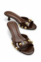 Brown Heeled Slippers with Gold Accessories, Summer Slippers, Bitter Brown Patent Leather Studded Detailed Round Toe Slippers