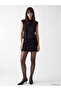 Vizyon New Season Black Satin Blouse with Decorative Buttons and Judge Collar - 2