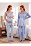 New Season Blue Patterned Breastfeeding-Friendly Design Lace Detailed Wide Strap 100% Cotton Maternity Pajama Set