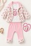 Baby Girl Set with Heart Patterned Velvet Jacket, 3-Piece Top and Bottom Set - 4
