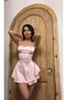 Women's Dusty Pink Satin Strap Dress with Drawstring Back and Ruffled Mini Dress