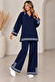 Women's Houndstooth Patterned Polo Collar Knitwear Set – Oversize Tunic & Wide-Leg Pants - 4