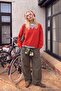Red V-Neck Extra Oversize/Wide Cut Low Sleeve Thick Knitted Sweatshirt Twoaw27Sw00130
