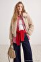 Beige Oversize Plush Fur Bomber Coat with Elastic Waist Twoaw27Mo00055