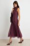 Bordo Skater/Belden Açılan Puantiyeli Dik Yaka kolsuz Maxi Astarlı Örme Elbise TWOAW27EL00190 - 2