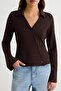 Brown Straight Fitted/V-Cut Collar Buttoned Knitted Blouse Twoaw27Bz00287 - 3