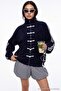 Lacivert Polar Oversize/Geniş Kesim Dik Yaka Çin Düğmeli Şeritli Örme Sweatshirt TWOAW27SW00129 - 4