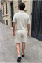 Men's Linen Polo Collar Shirt Lace-Up Summer Shorts Cream Two-Piece Set - 5