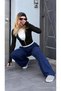 Women's Textured Wide-Leg Navy Blue Palazzo Linen Trousers - 3