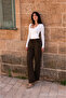 Women's Elastic Waist Jogger Dark Brown Linen Trousers - 4