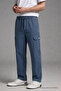 Men's Blue Cargo Linen Trousers with Elastic Waist