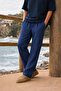 Men's Relax Fit Summer Loose Navy Blue Linen Trousers - 4