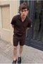 Men's Linen Polo Collar Shirt Lace-Up Summer Shorts Coffee Two-Piece Set - 6