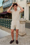 Men's Short Sleeve Shirt Summer Linen Shorts Cream Two-Piece Set - 3