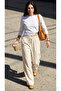 Women's Textured Ecru Palazzo Linen Trousers with Elastic Waist - 3