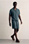 Men's Summer Linen Shirt Elastic Waist Shorts Khaki Two-Piece Set - 2