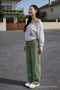 Women's Elastic Waist Wide Leg Green Linen Trousers - 2