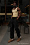 Men's High Waist Elastic Black Baggy Linen Trousers