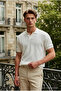 Men's Summer Short Sleeve Textured Cream Polo Collar T-Shirt - 6