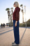 Women's High Waist Elastic Navy Blue Linen Trousers - 2