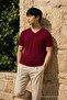 Men's Comfort Short Sleeve Claret Red V-Neck T-Shirt - 4