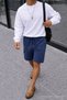 Men's Summer Cargo Pocket Regular Navy Blue Linen Shorts - 3