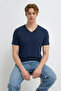 Men's Casual Comfortable Navy Blue V-Neck T-Shirt - 4